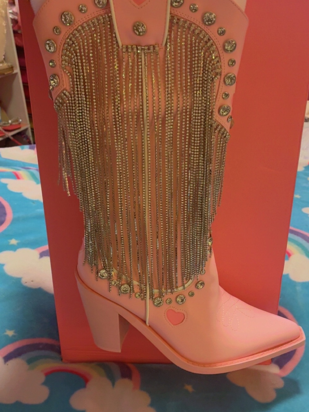 Dolls Kill Pink Rhinestone Fringe Western Ankle Boots
